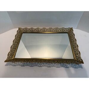 Vintage Gold Filigree Mirrored Vanity Tray Ornate Metal Perfume Dresser Mirror